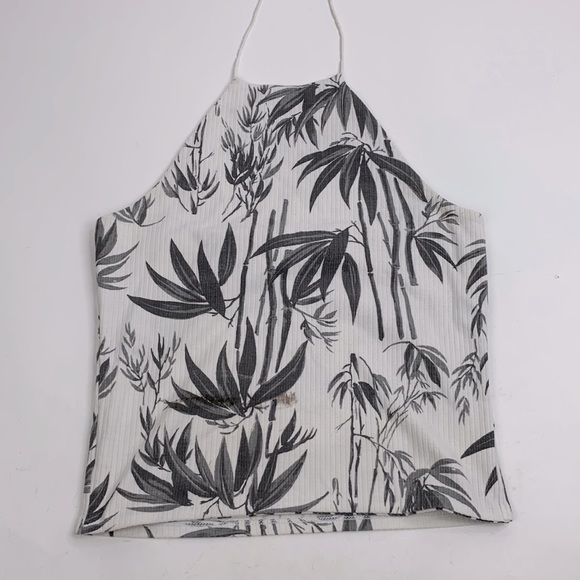 Me to We Halter Sleeveless crop top Small white Gray Tropical floral stretch - Picture 1 of 11